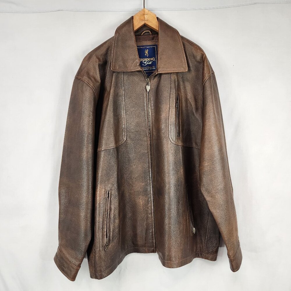 Vtg Browning Gold Brown Leather Jacket Men's Xl Tg Shoulder Patch Zip Logo